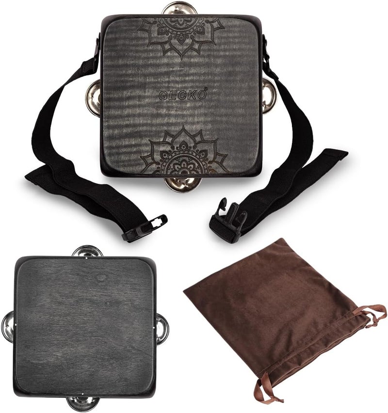 GECKO Tambourine Cajon Drum with Jingles, Wearable Strap, Storage Bag, Handheld Percussion Instrument, Portable Cajon for Rhythm Practice & Live Performance (Black) - Image 1